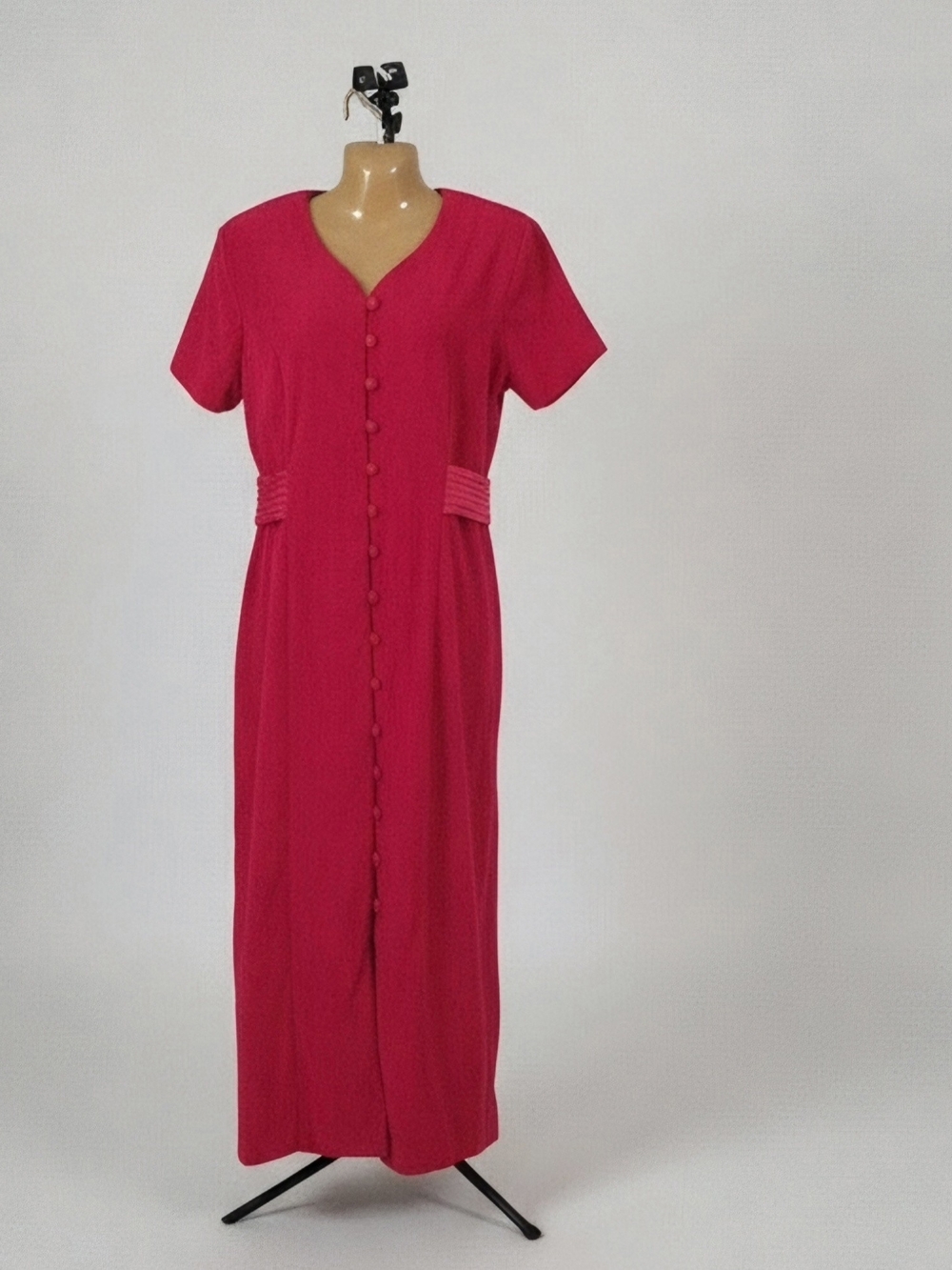 Chad's Place Dress Sz 16 Red Button Front Short Sleeve Satin Evening Vintage 90